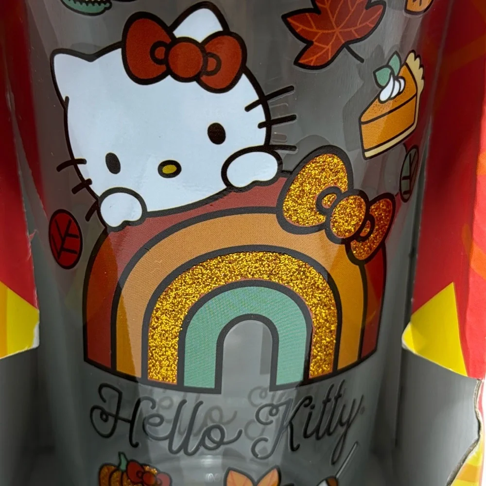 Hello Kitty Fall Autumn Rainbow Glitter‎ 16oz Glass Cup Tumbler